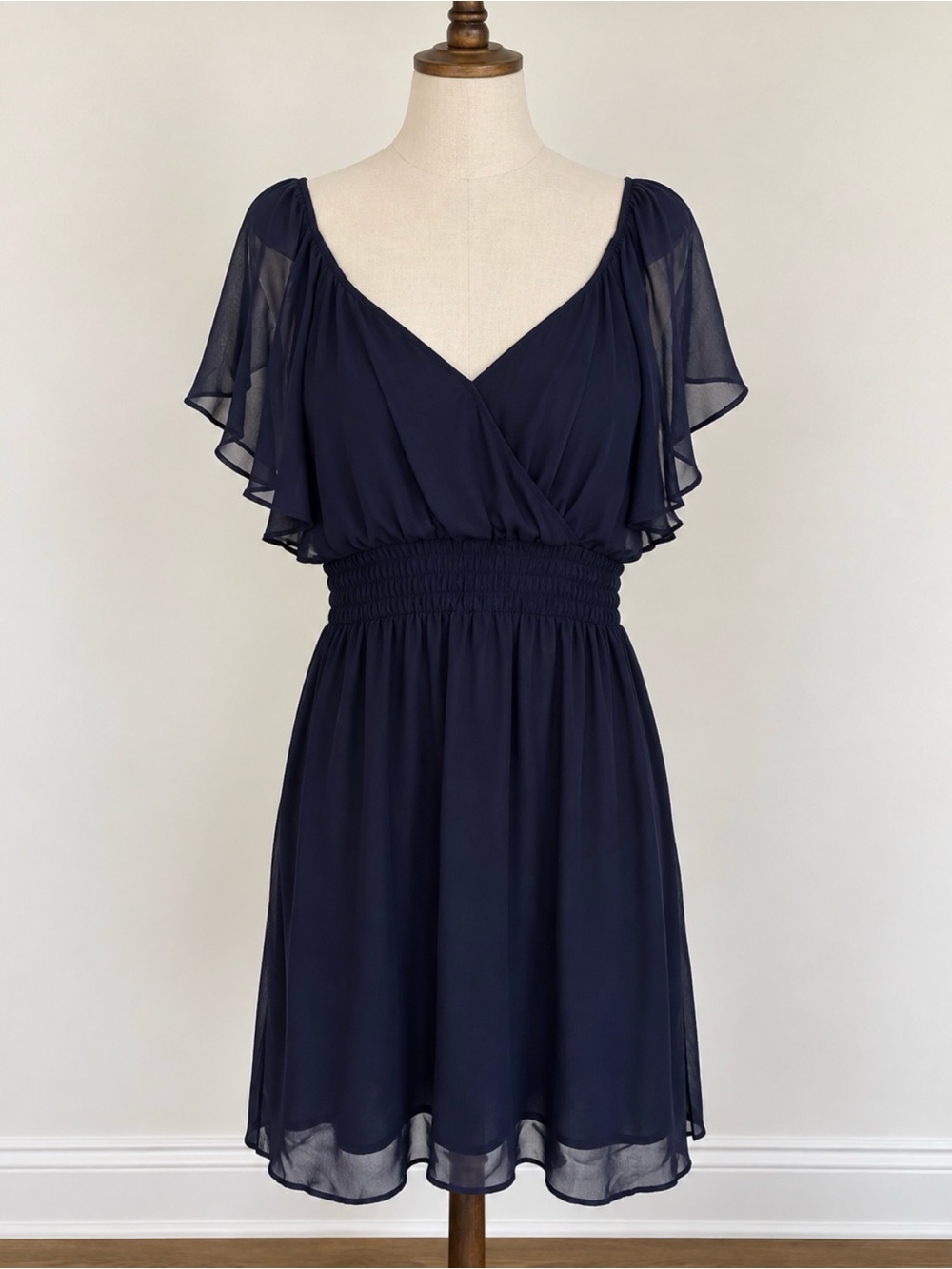 Altar'd State Navy Flutter Sleeve Smocked Waist Mini Dress